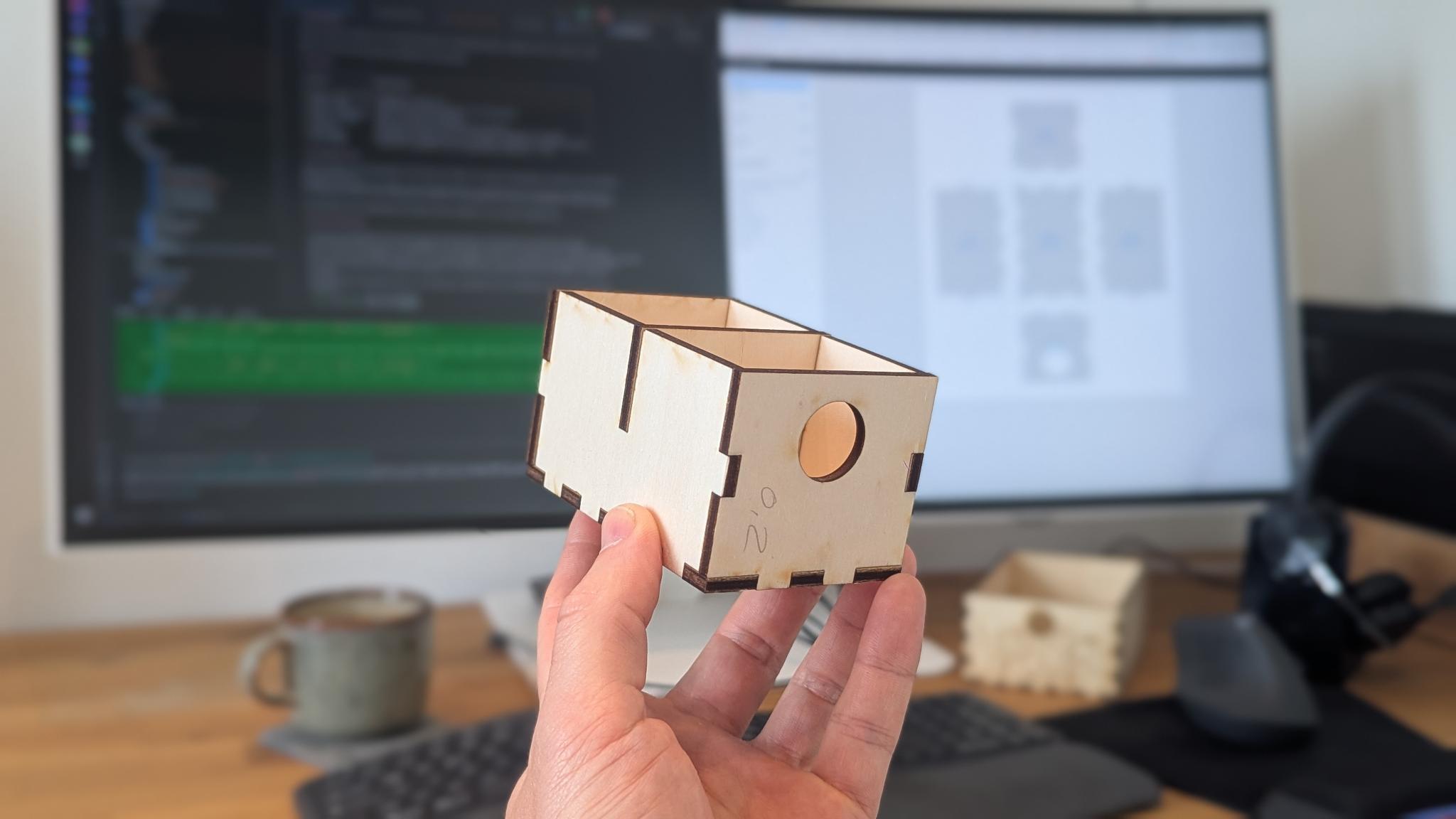 Individuell gefertigte Holzkisten als Prototyp in der Hand